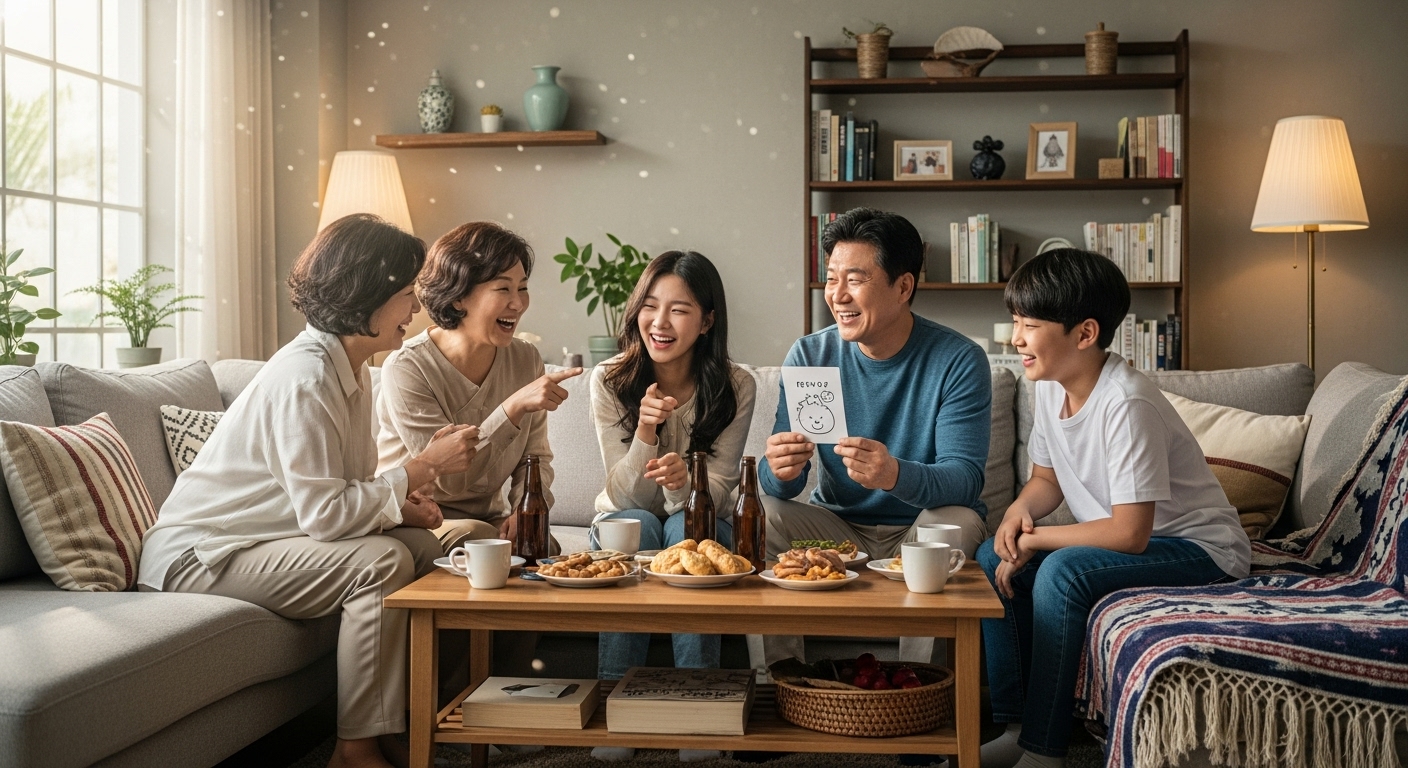 가족이 거실에 모여서 재미있는 넌센스퀴즈를 풀며 웃고 있는 모습