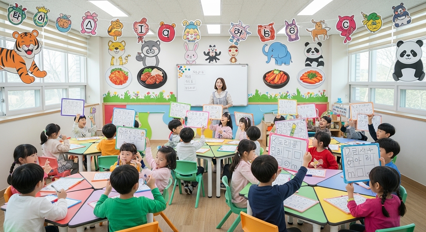 아이들이 동물 및 음식 관련 넌센스퀴즈를 풀며 즐거워하는 교실 풍경