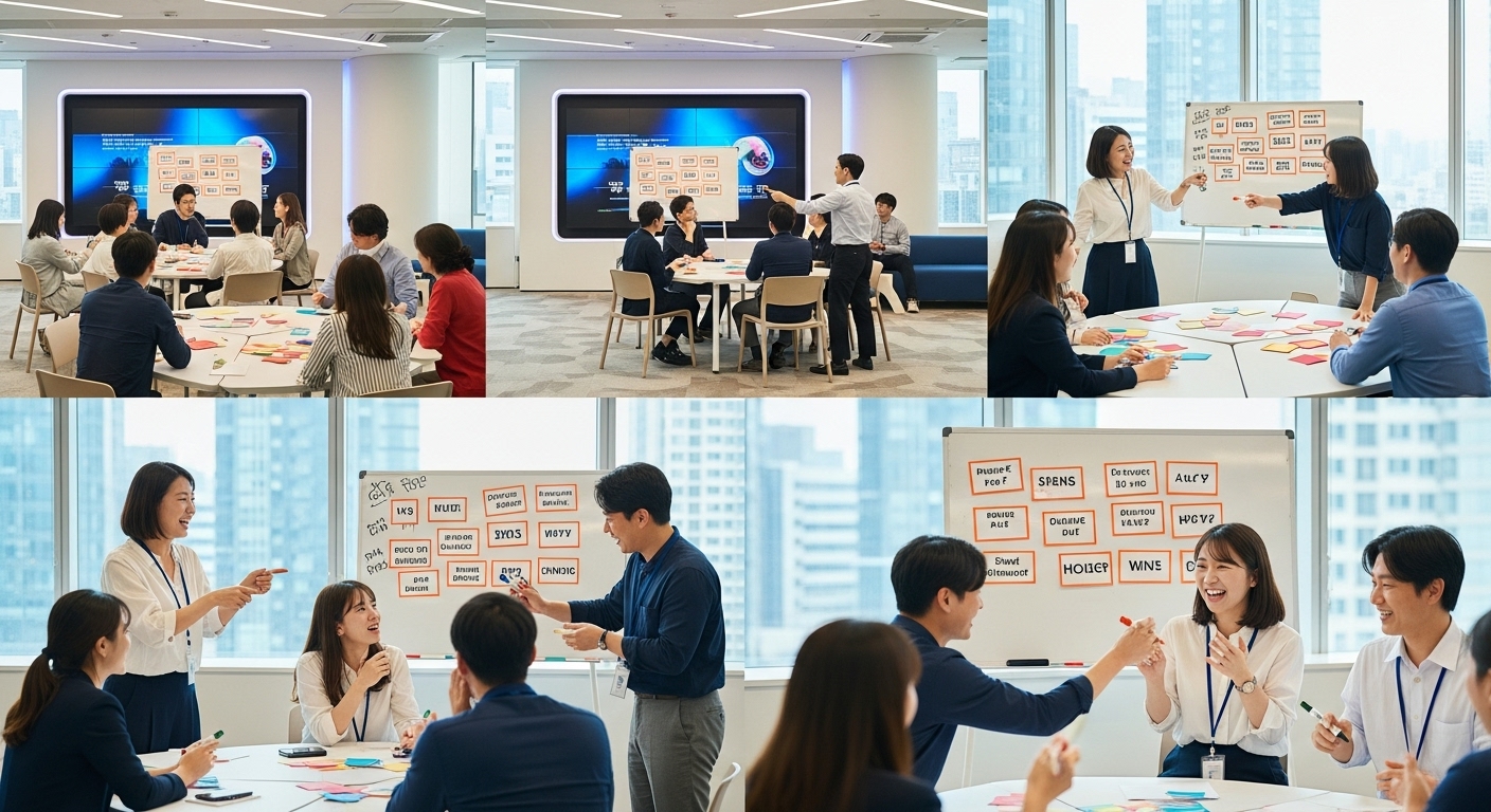 사무실에서 직원들이 팀빌딩 활동으로 넌센스퀴즈를 풀며 창의력과 웃음을 자극하는 모습