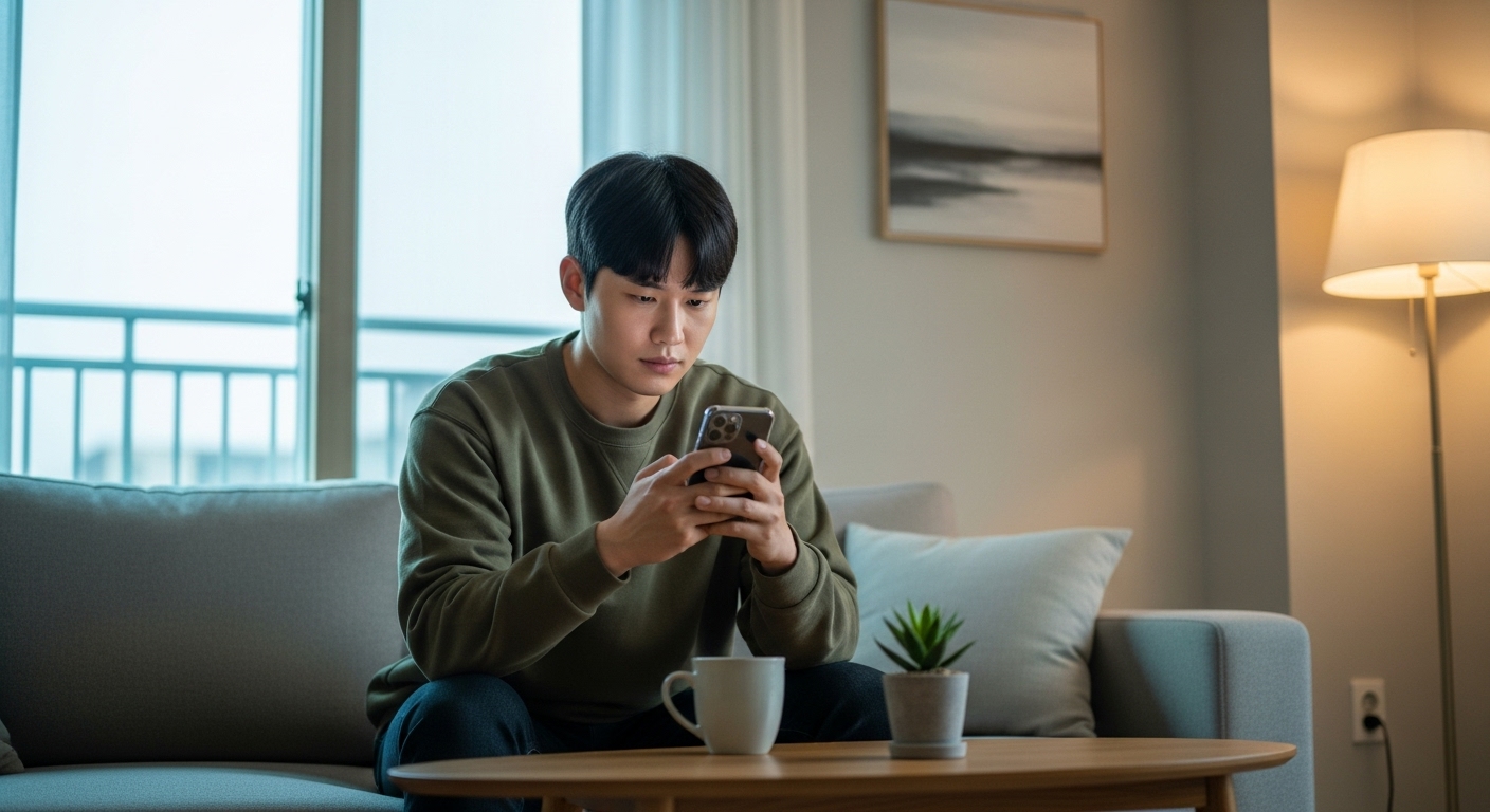 현대적인 아파트에서 스마트폰 앱을 사용하는 젊은 남성