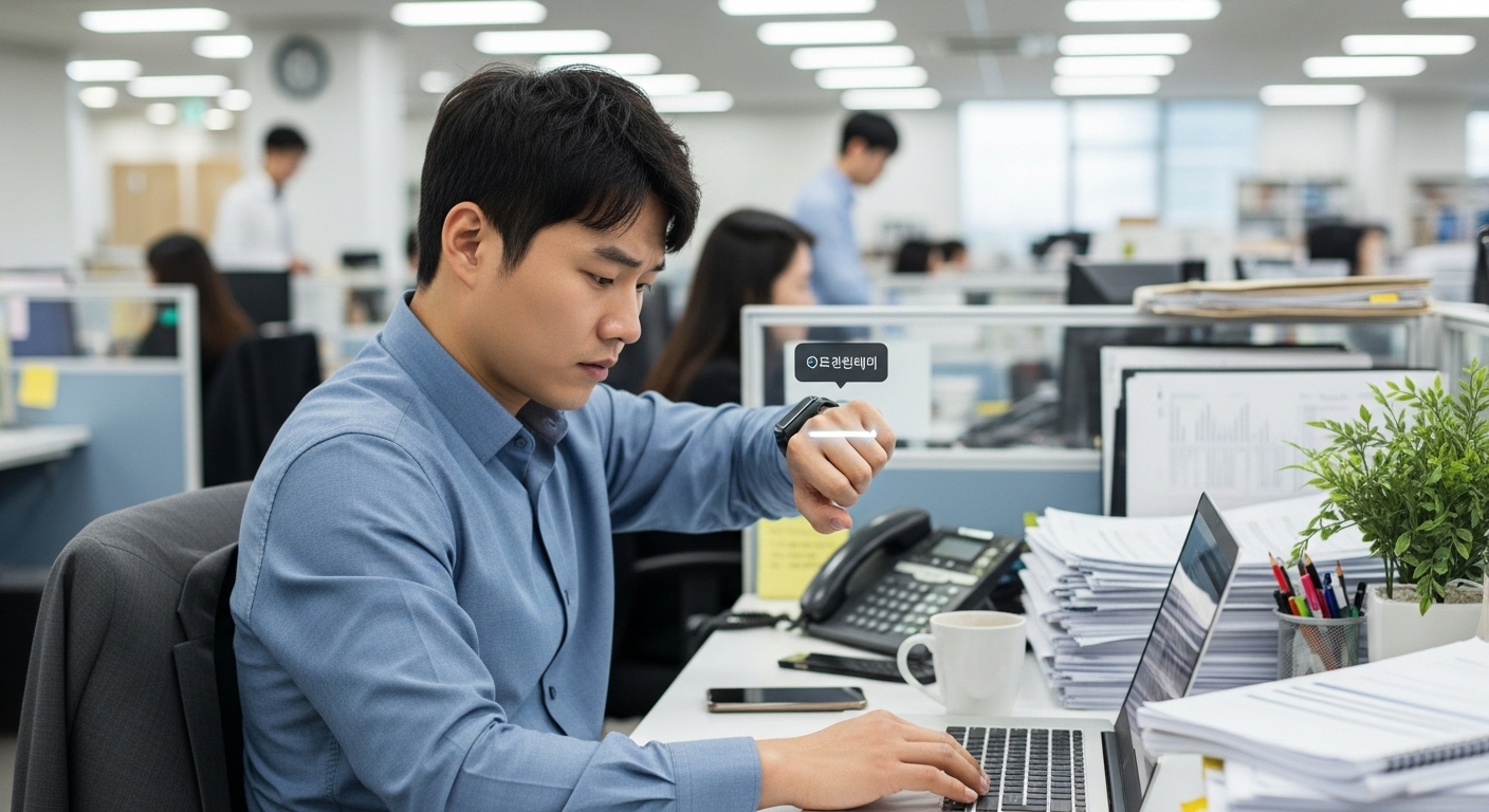 사무실 책상에서 스마트워치로 투표 시간 알림을 받는 직장인 모습