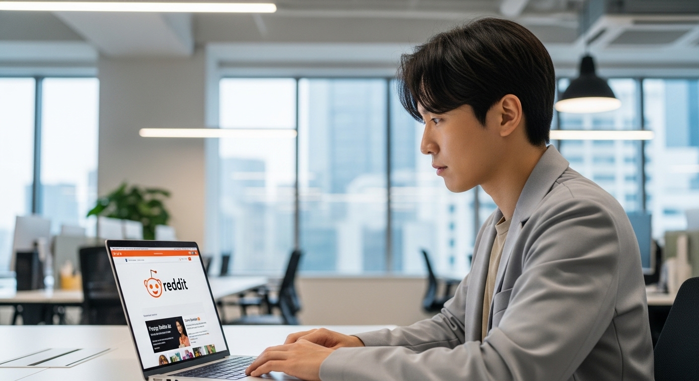 현대적인 서울 사무실에서 노트북으로 레딧을 사용하는 한국인 직장인