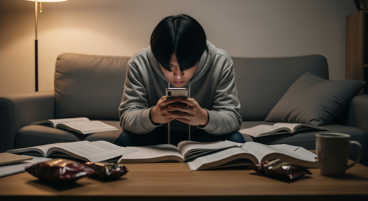 소파에 앉아 스마트폰을 들고 고개를 앞으로 기울인 채 공부하는 한국 학생의 잘못된 자세