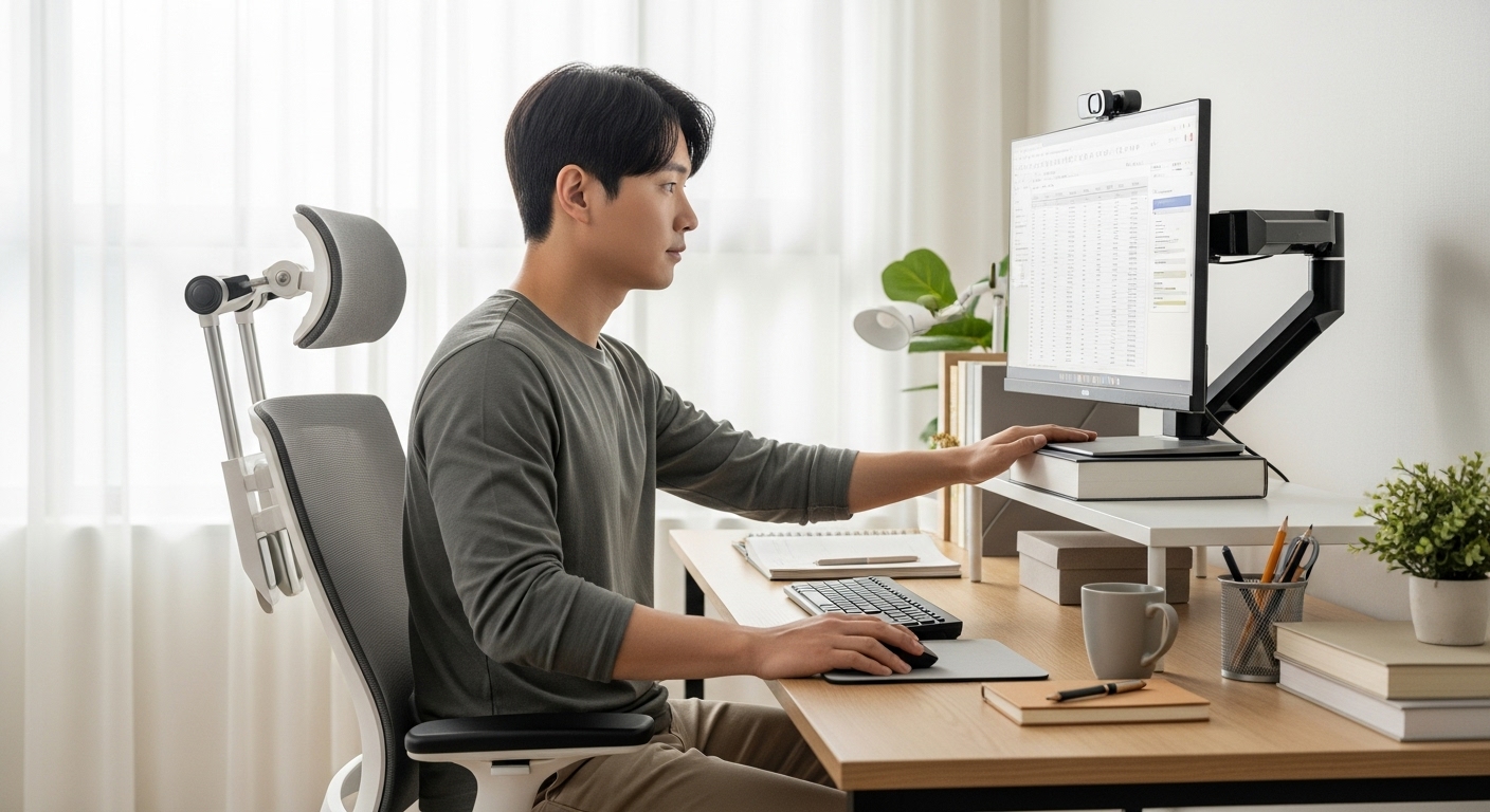 올바른 모니터 높이와 앉은 자세로 집에서 작업 환경을 인체공학적으로 조정하는 한국 남성