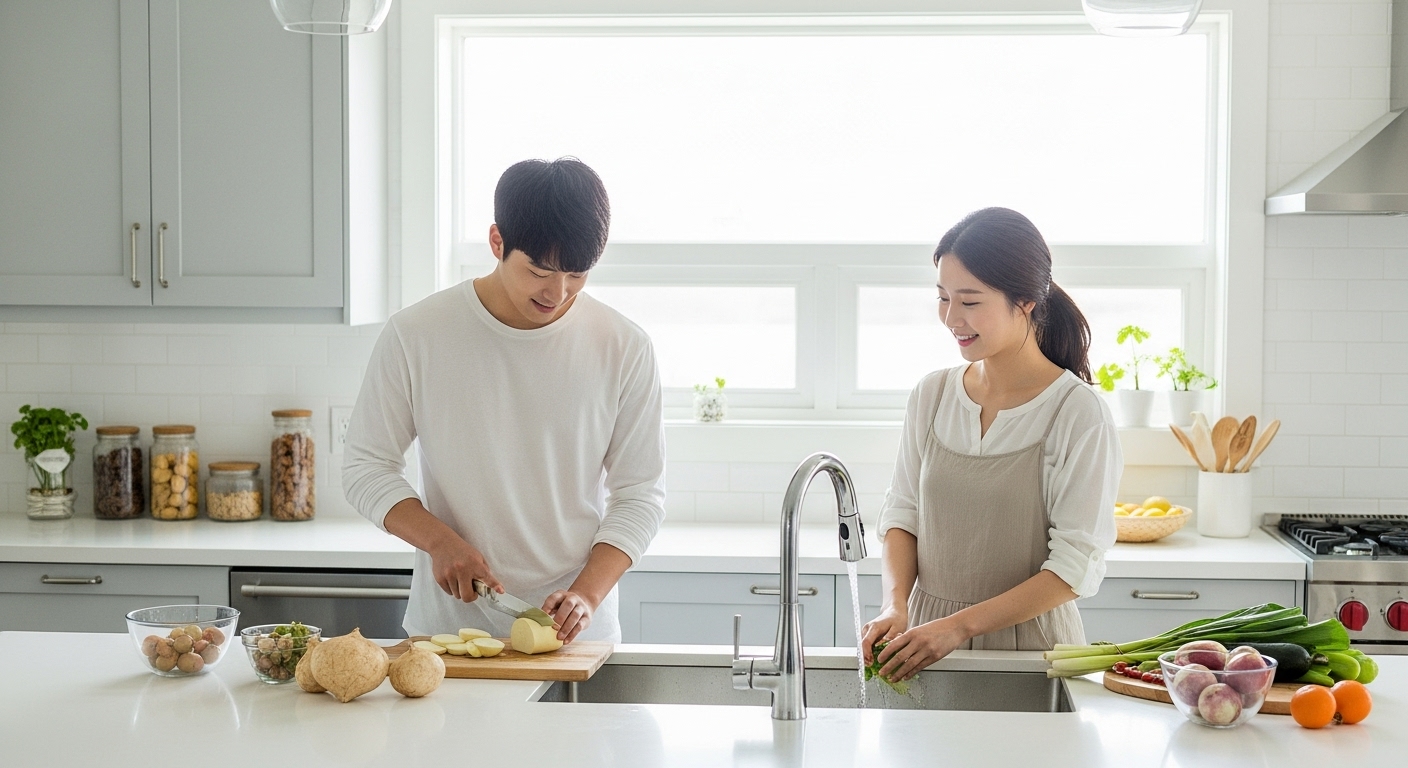 젊은 사람들이 현대식 주방에서 요리에 히카마를 사용하는 모습