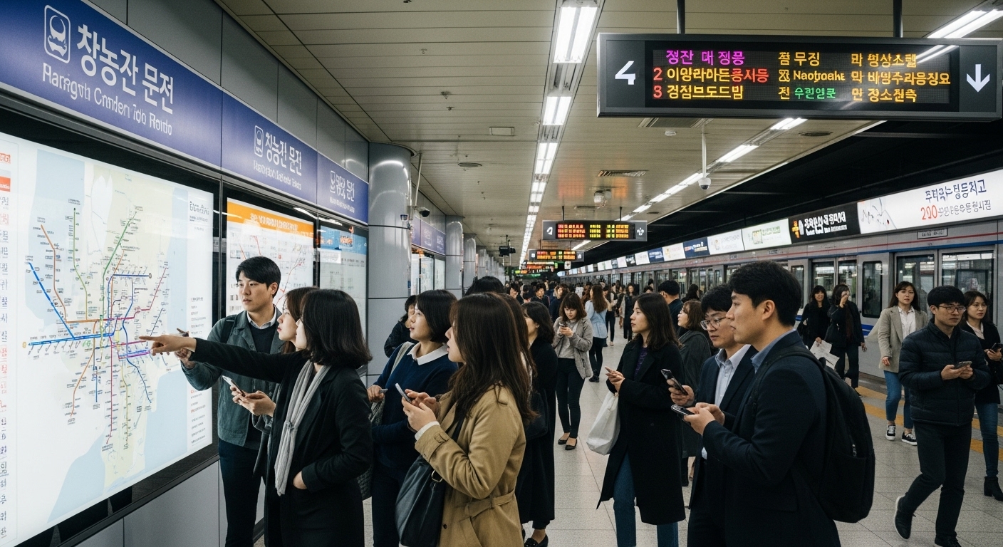 서울역에서 다양한 승객들이 스마트폰을 사용하며 대형 지하철 노선도를 살펴보는 모습