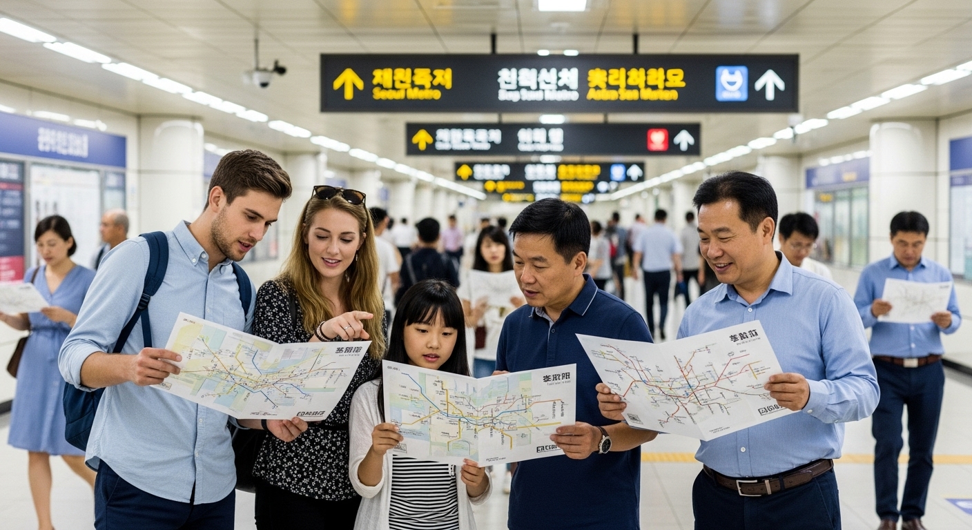 여러 언어로 번역된 노선도를 보는 다양한 국적의 관광객들