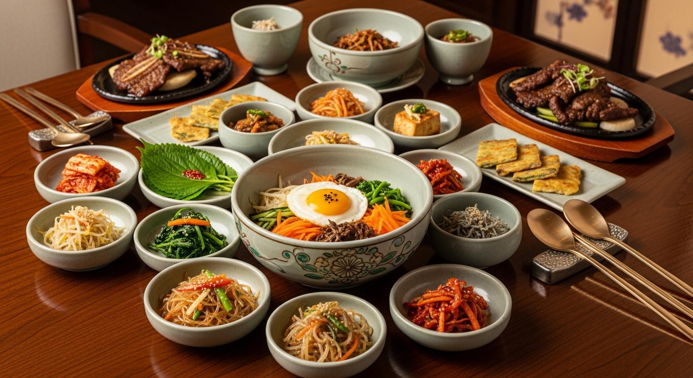 고급 레스토랑에서 전통 반찬과 메인을 포함한 다양한 요리가 차려진 테이블 세팅