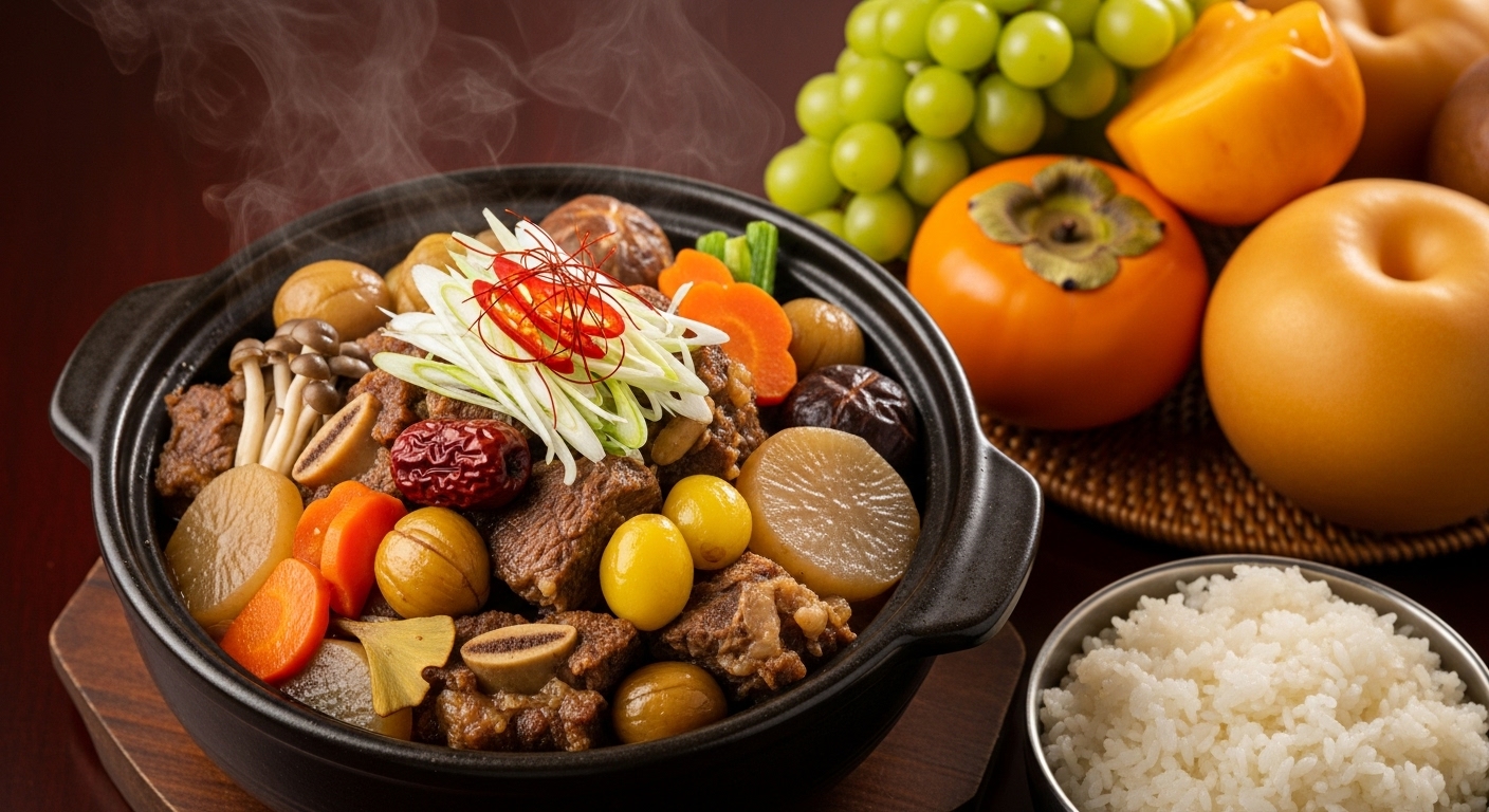 밤과 대추가 들어간 한국 갈비찜과 계절 과일이 나무 테이블 위에 놓여진 모습