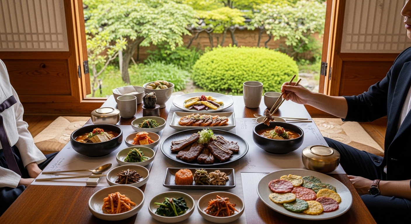 창밖으로 푸른 자연이 보이는 한옥 내에서 우아하게 차려진 한국 요리를 즐기는 장면