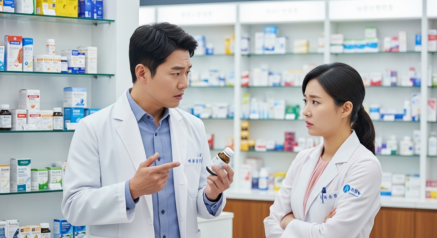 현대 약국에서 약사들이 페닐에프린 효능에 대해 논의하는 모습