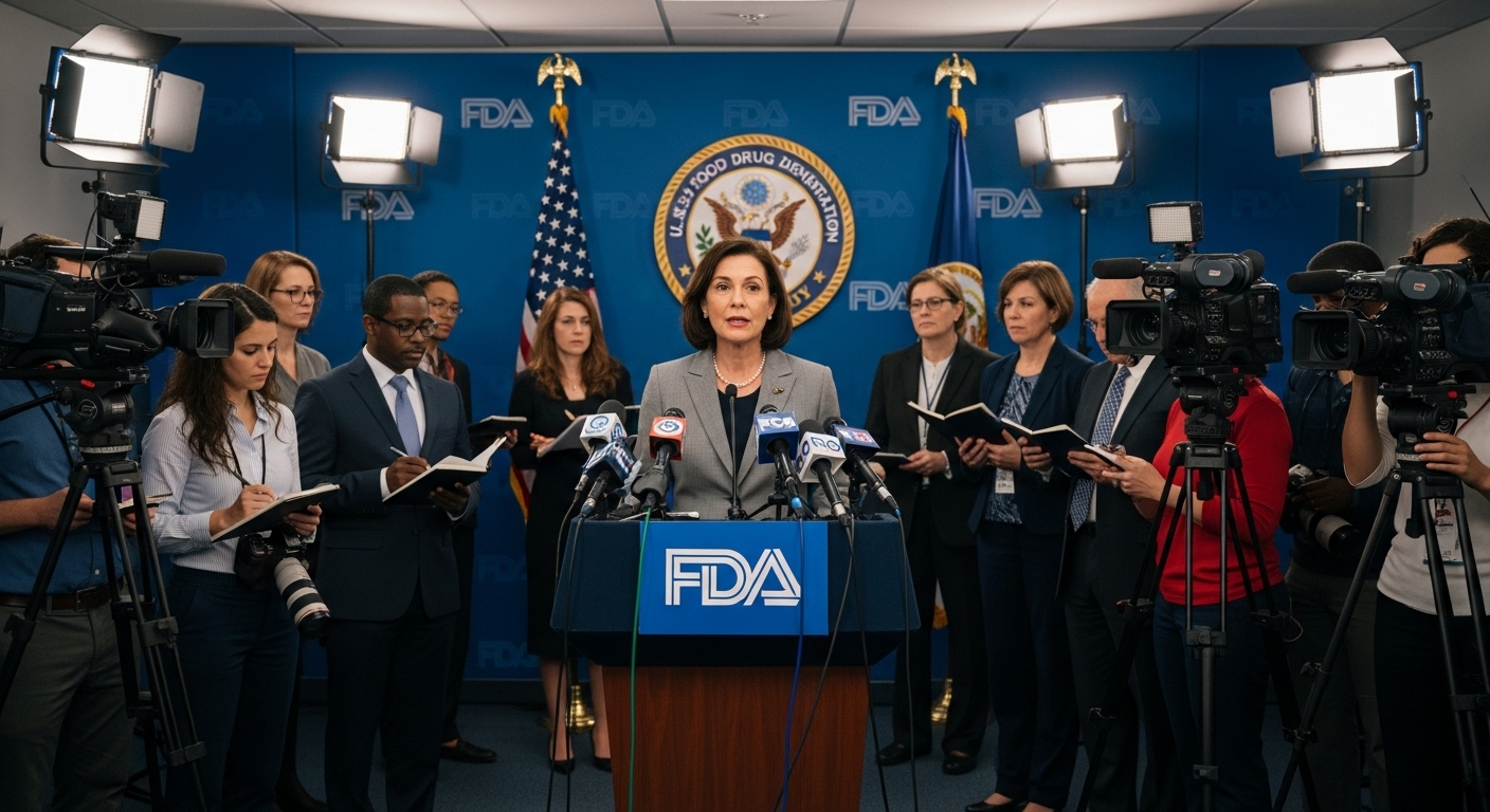 FDA 대표가 규제 변화를 발표하는 공식 기자회견 모습