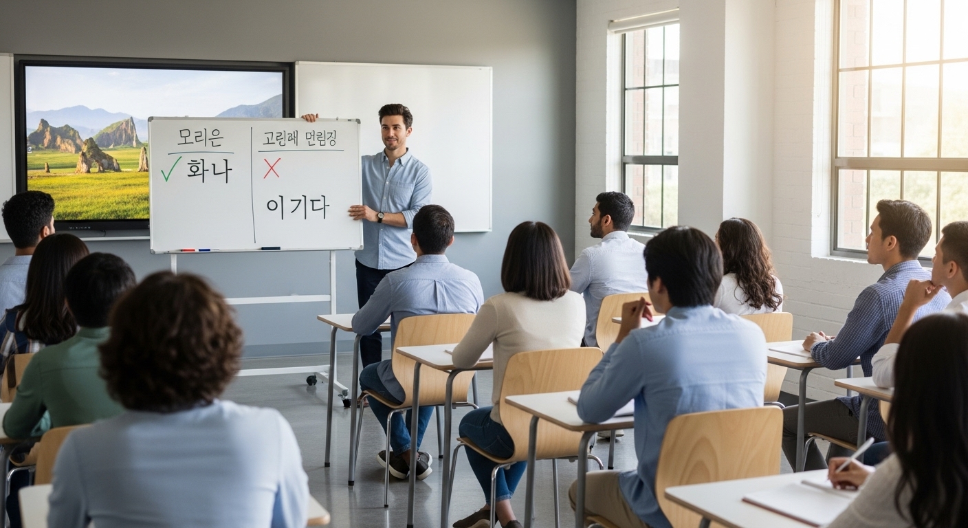 한국어 선생님이 맞춤법을 설명하며 학생들이 수업을 듣고 있는 장면