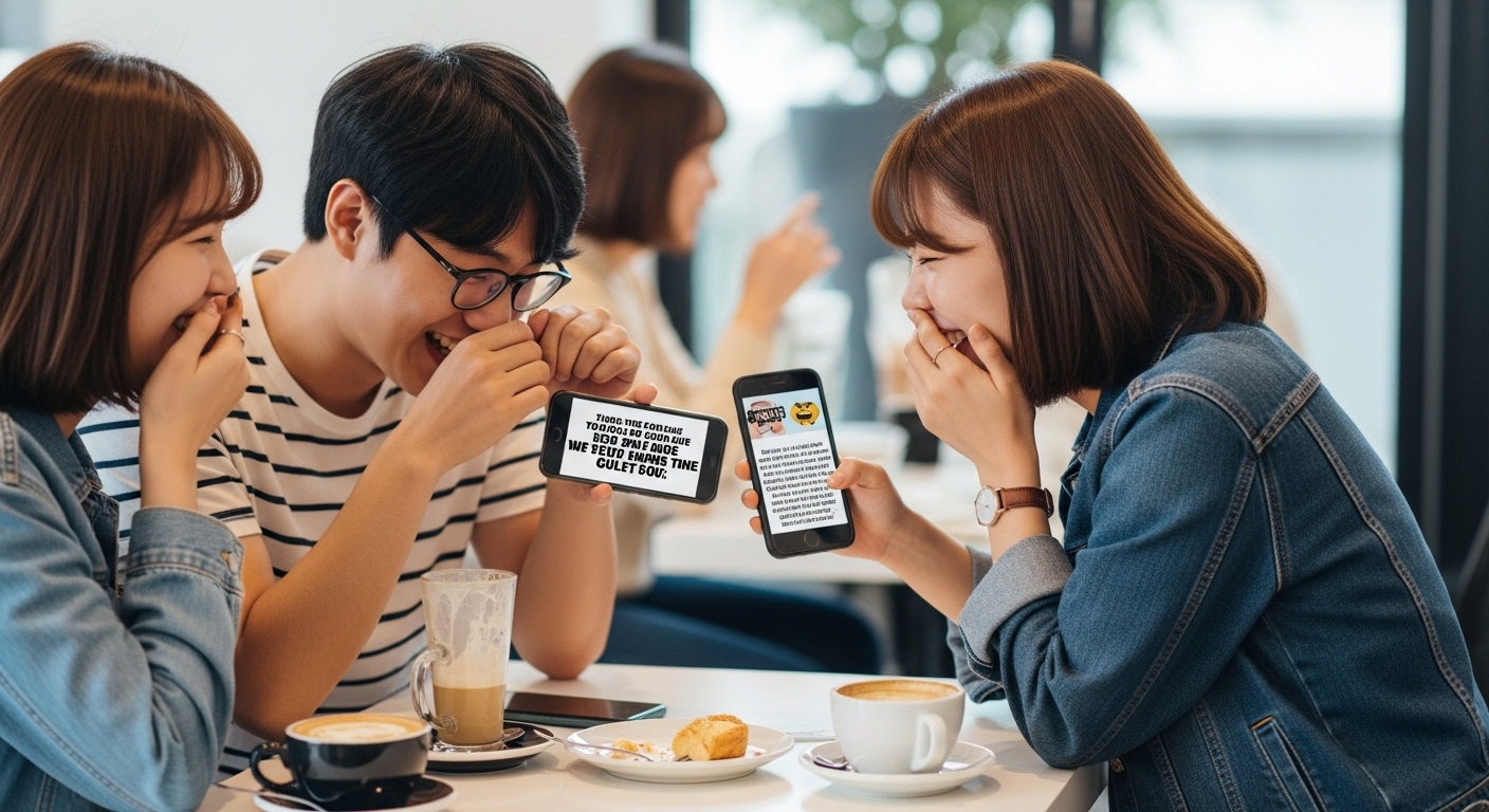 스마트폰으로 인터넷 밈을 보며 웃고 있는 젊은이들