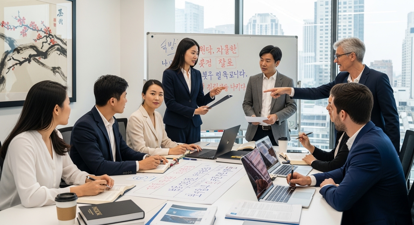 사무실에서 번역 뉘앙스를 논의하는 언어학자들