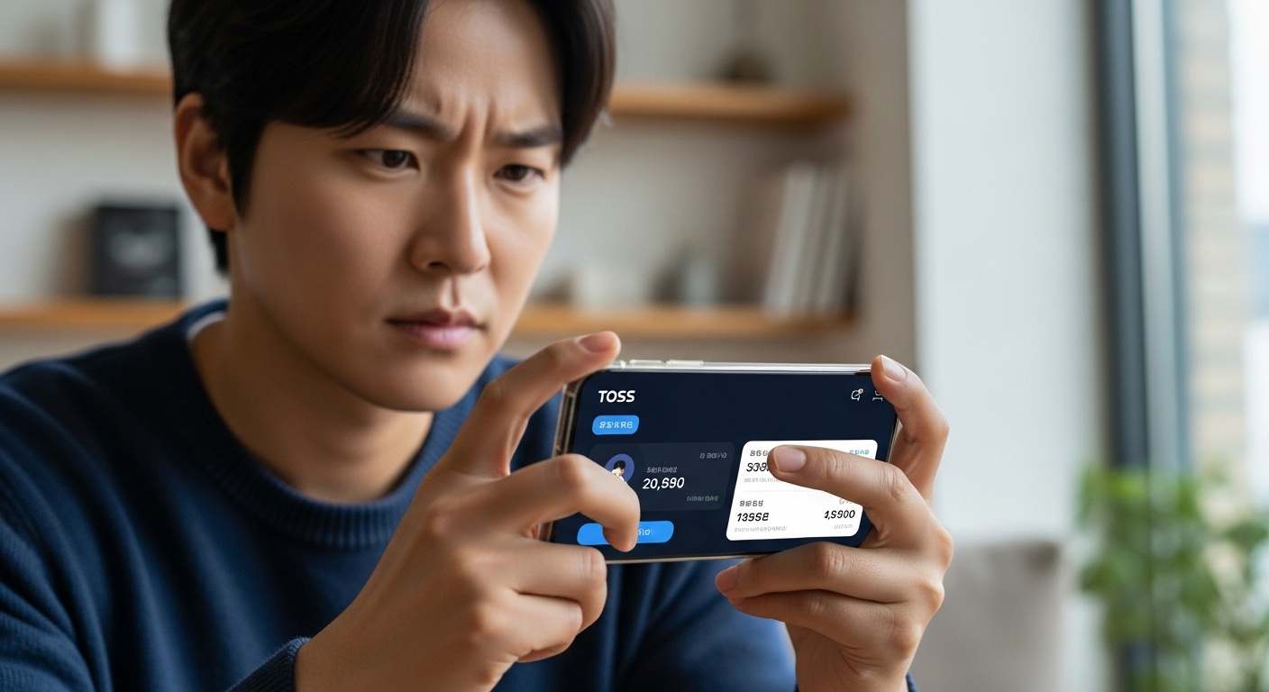 스마트폰으로 토스 앱을 사용하는 사람의 실내 모습
