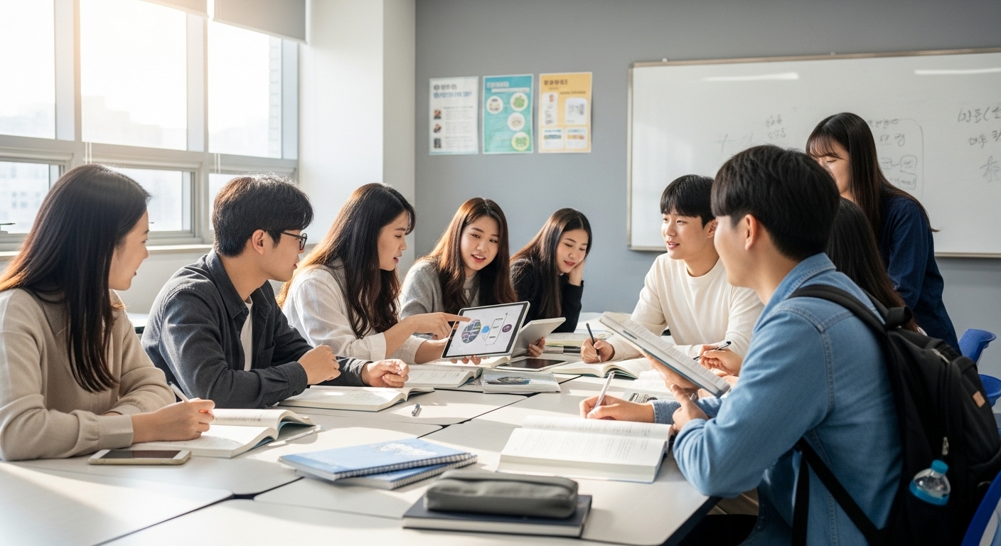 교실에서 토론하며 공부하는 한국 학생들