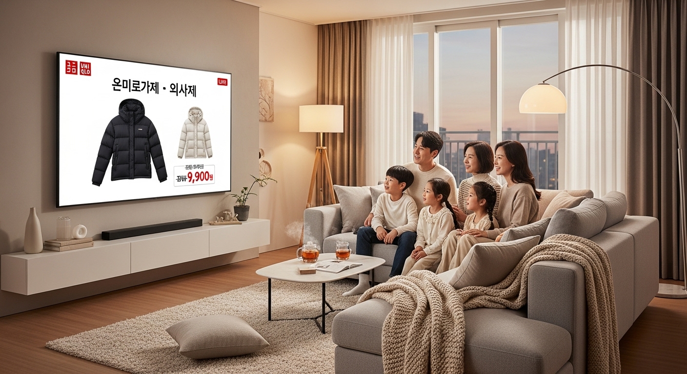 가족이 유니클로의 라이브 쇼핑 방송을 시청하는 아늑한 거실