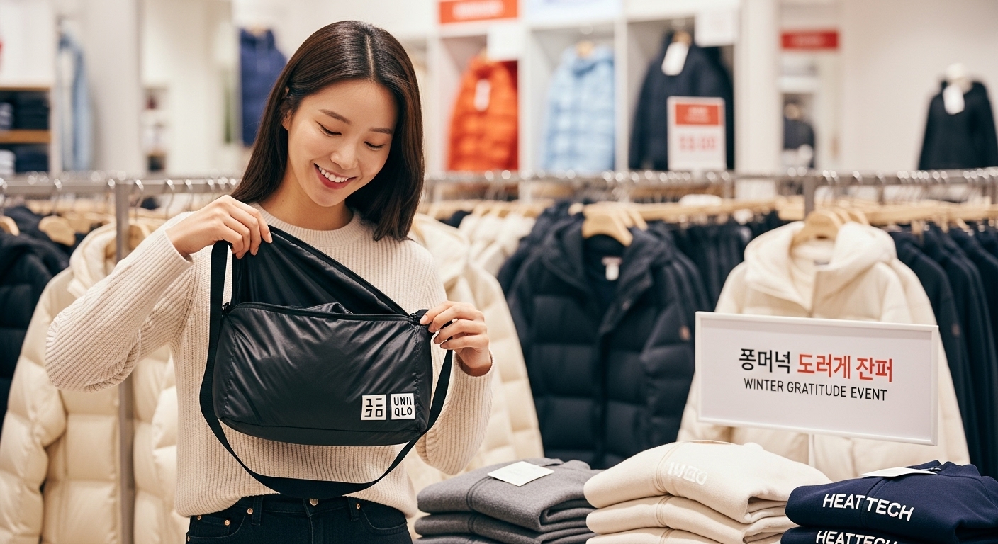 유니클로 행사에서 받은 포켓터블 더플백을 든 쇼핑객
