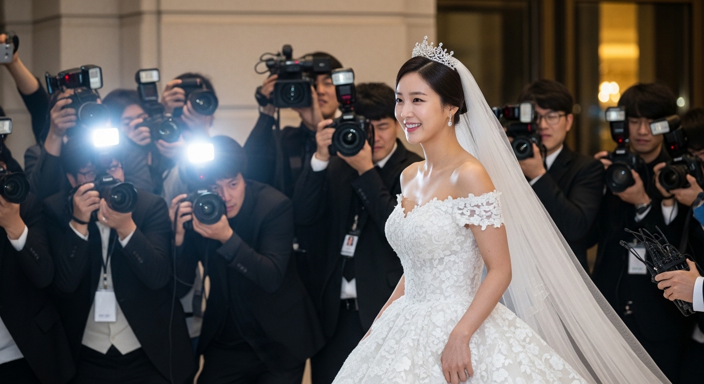 웨딩드레스를 입고 기자들의 카메라 플래시 속에 있는 현대 여배우의 모습