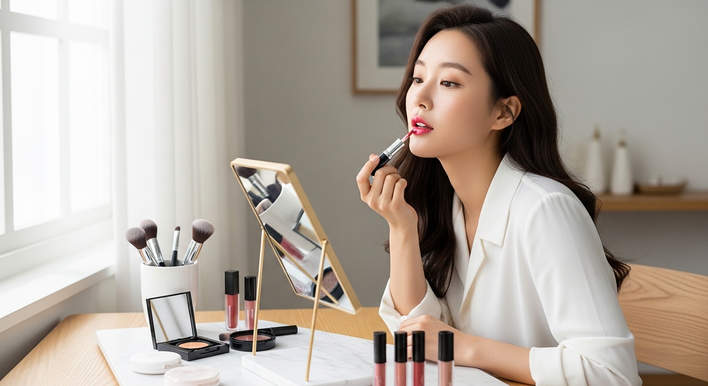 현대적인 화장대에서 튜브형 립스틱을 바르는 여성