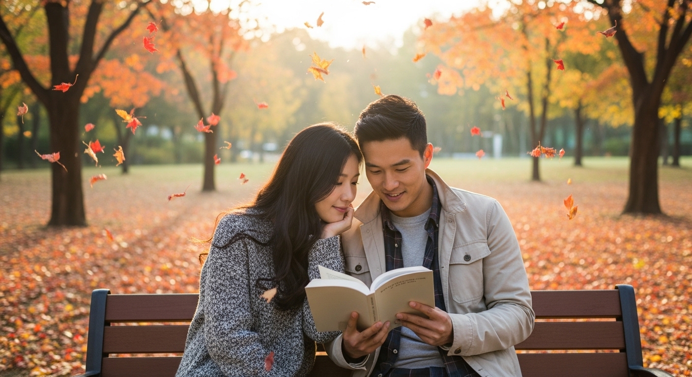 공원 벤치에서 함께 책을 읽으며 통찰을 나누는 한국 커플의 모습
