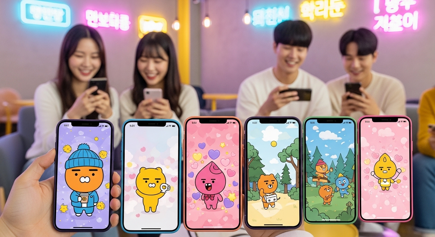 젊은 한국인들이 스마트폰을 사용하며 독특한 카카오톡 테마를 설정한 모습
