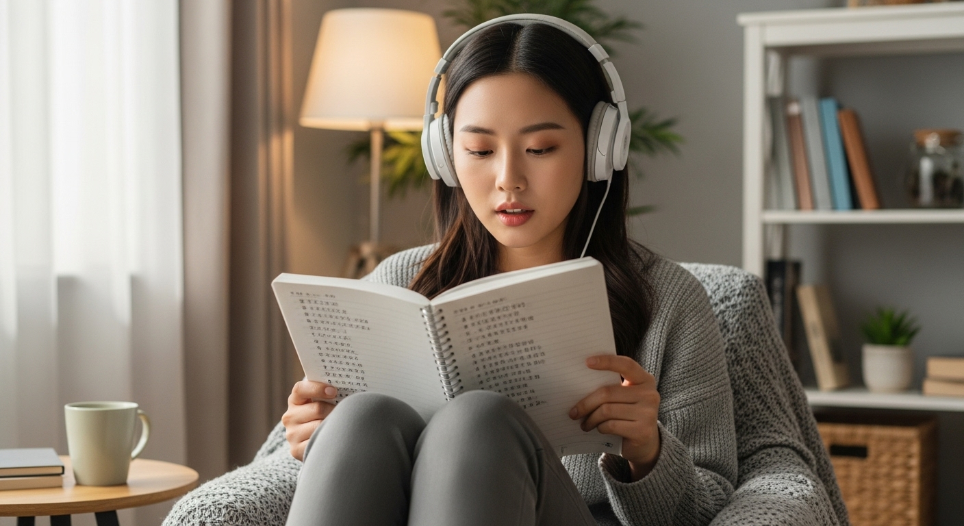 젊은 여성이 방 안에서 헤드폰을 끼고 한글로 적힌 일본어 가사를 보며 노래를 따라 부르는 모습