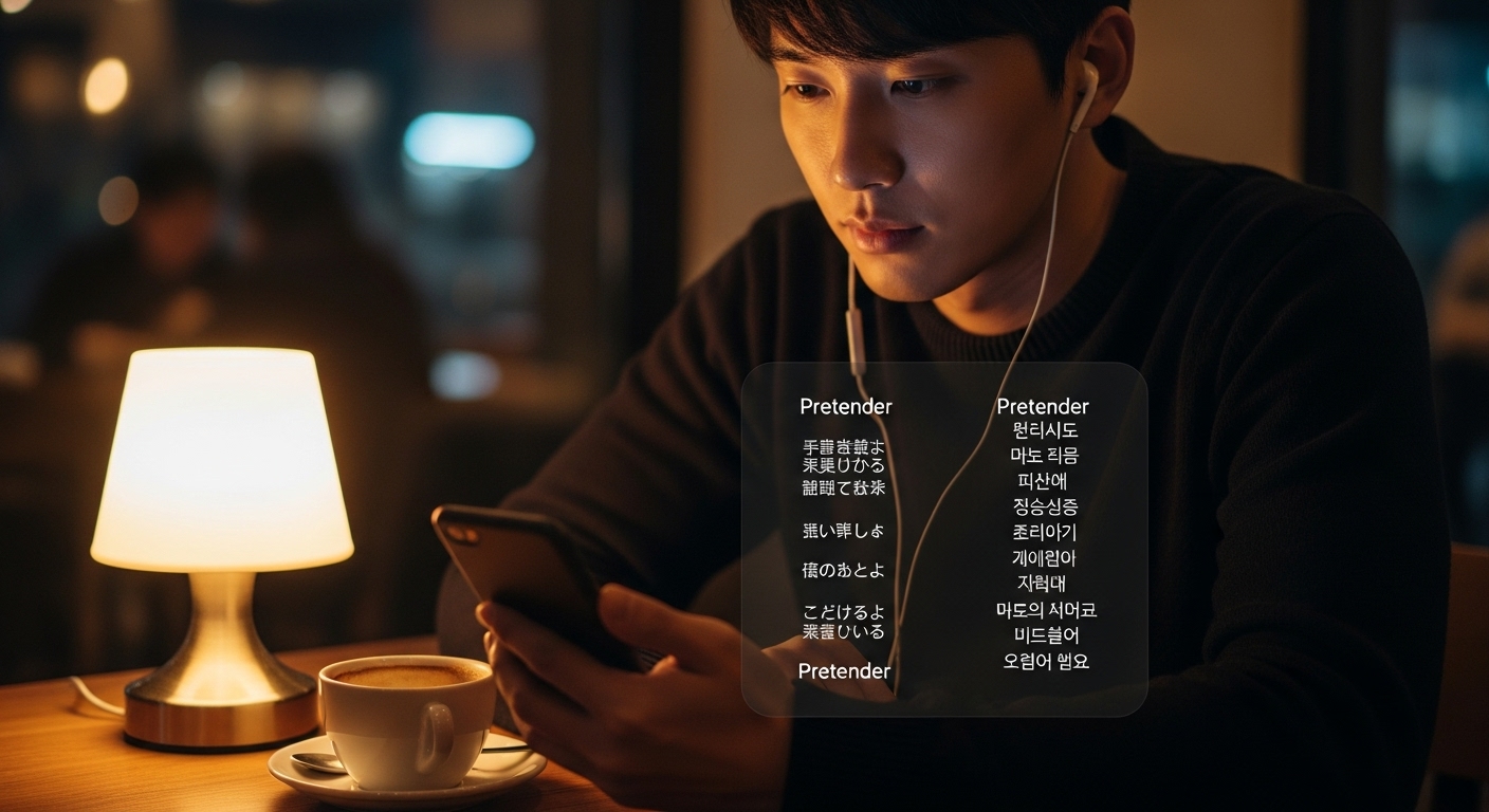 휴대폰으로 프리텐더 노래를 들으며 화면에 표시된 일본어와 한글 가사를 보며 생각에 잠긴 남성