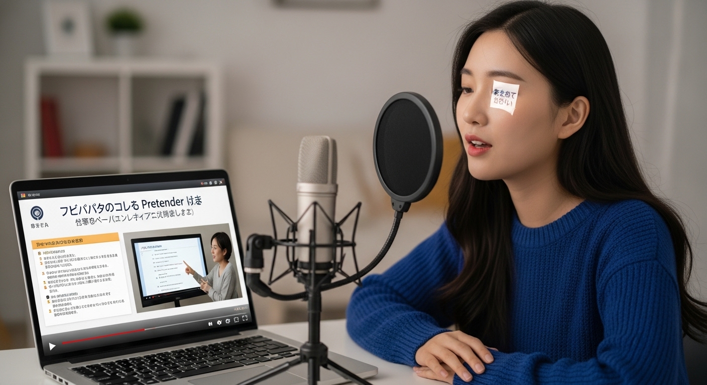 노트북 앞에서 프리텐더 가사를 통해 일본어 발음을 개선하는 영상 강의를 시청하며 자신을 녹음하는 여성