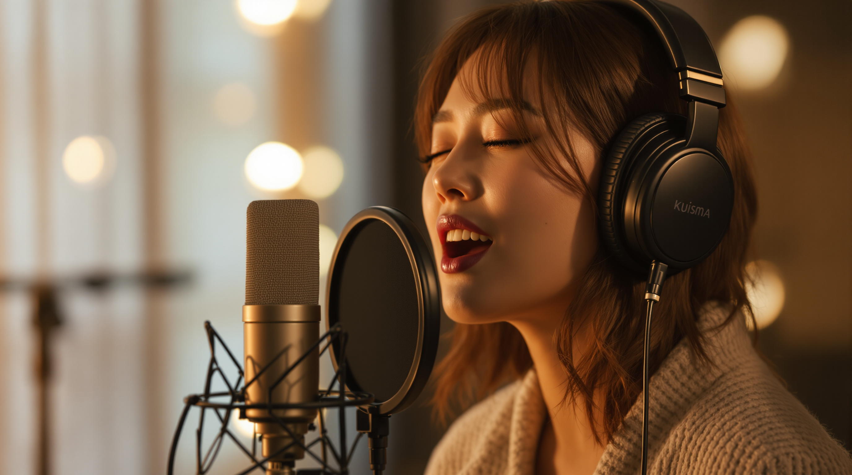 녹음실에서 마이크 앞에 서서 감정적으로 노래하는 화사