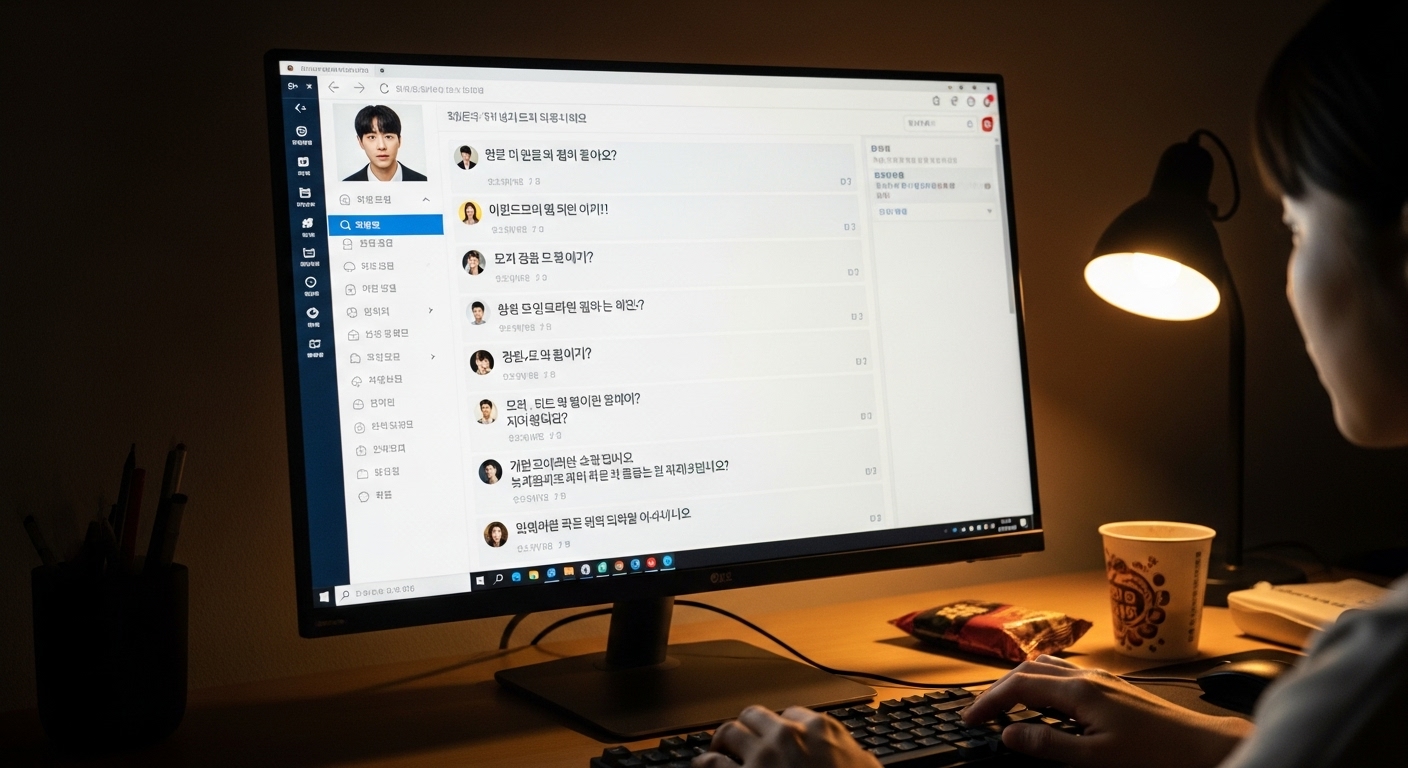 인기 TV 프로그램 에피소드 삭제를 둘러싸고 온라인 포럼에서 열띤 토론을 벌이는 사람들