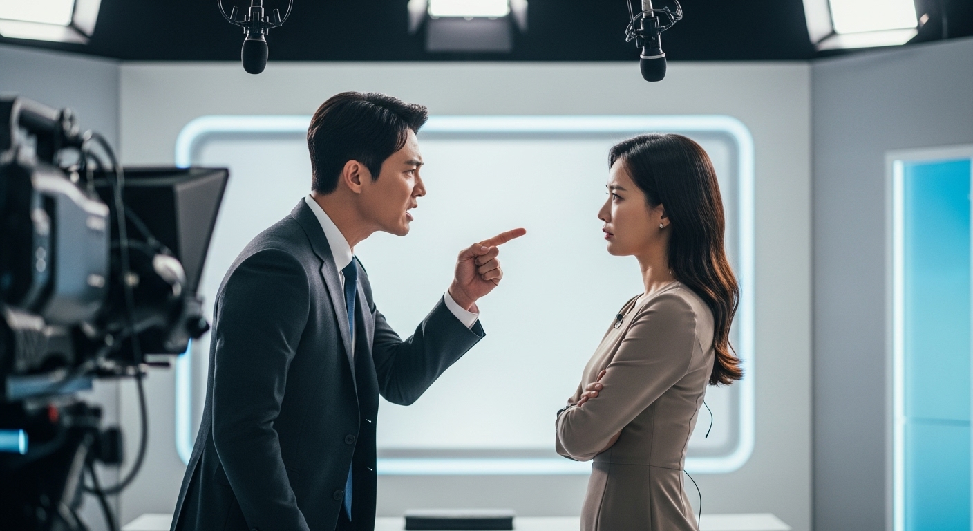 스튜디오 세트장에서 갈등을 연기하는 두 배우의 긴장감 넘치는 모습