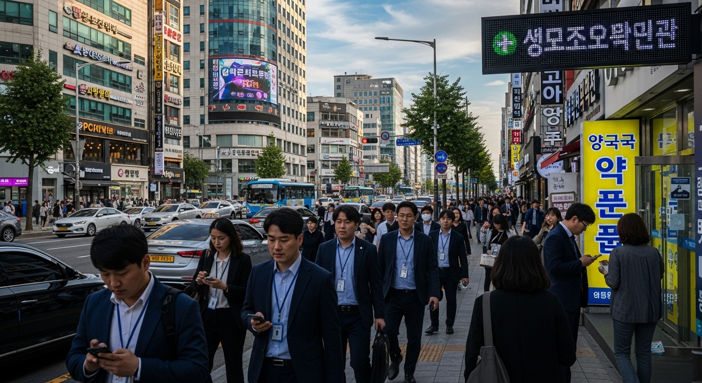 바쁜 직장인들이 의정부 거리에서 의료 서비스를 찾는 모습
