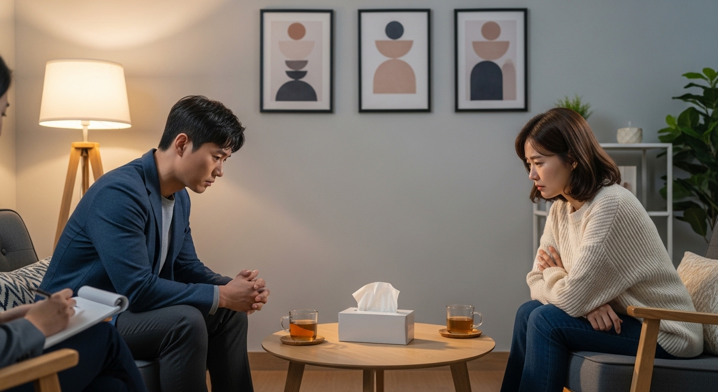상담실에서 걱정스러운 표정을 지으며 마주 앉은 부부
