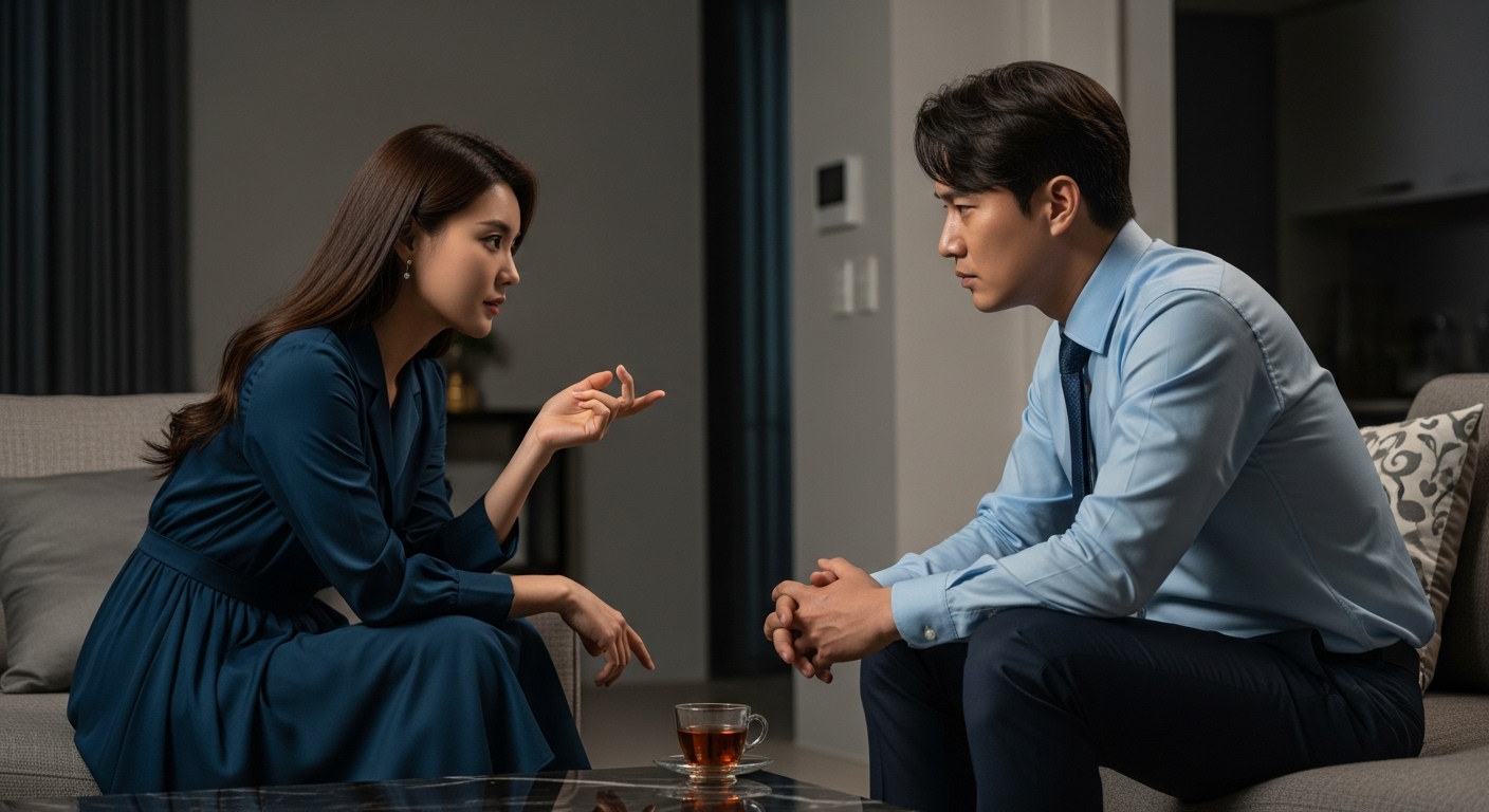거실에서 대화를 통해 상대를 교묘히 조작하는 한국 커플