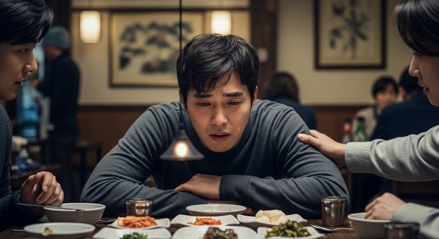 식당에서 친구들과 이야기하며 동정을 얻으려는 한국 남성