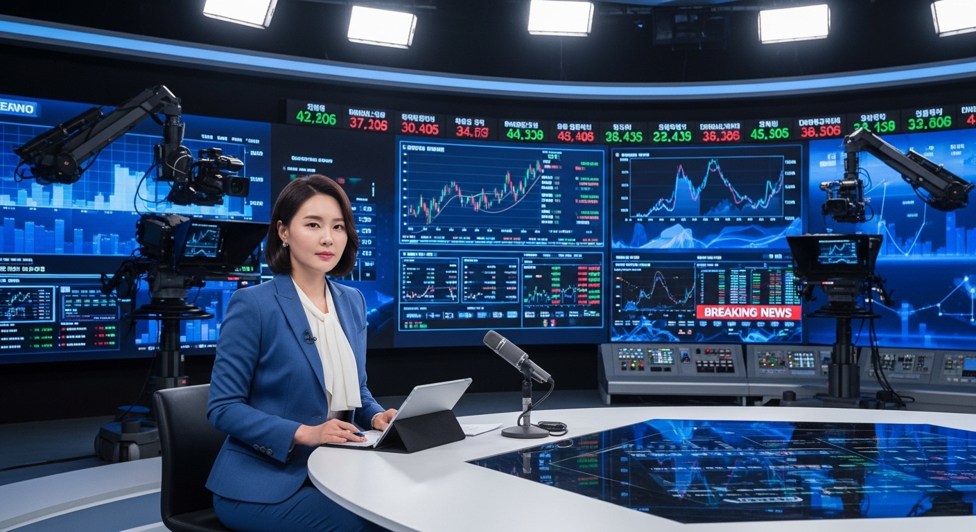 현대적인 방송 스튜디오에서 스마트한 정장을 입고 있는 전문 여성 앵커