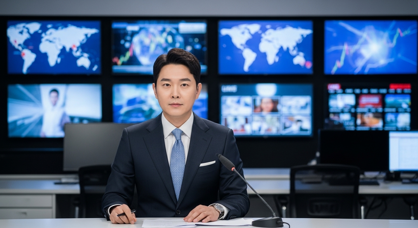 세련된 뉴스룸에서 뉴스를 전달하는 자신감 있는 한국 앵커