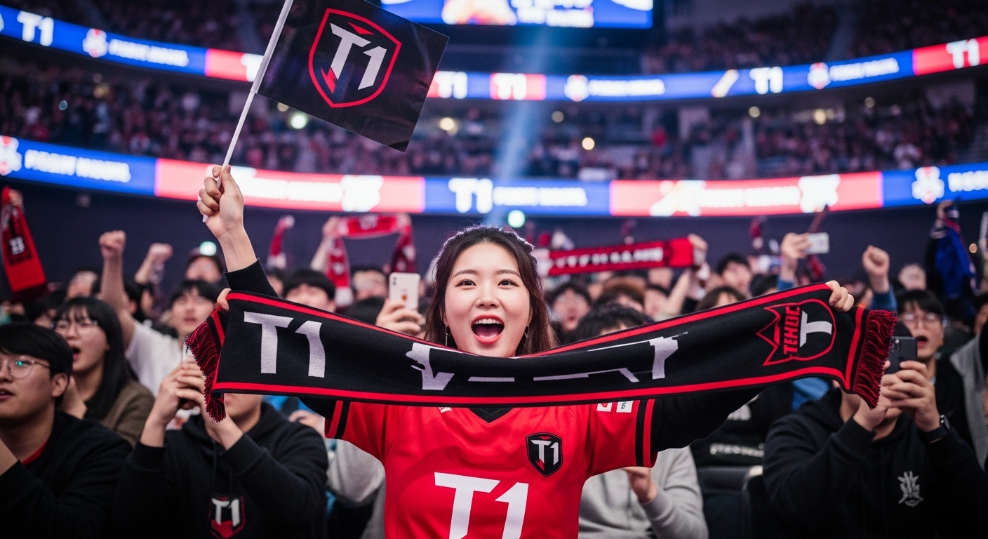 e스포츠 경기장에서 T1 팀 상품을 들고 열정적으로 응원하는 한국 여성