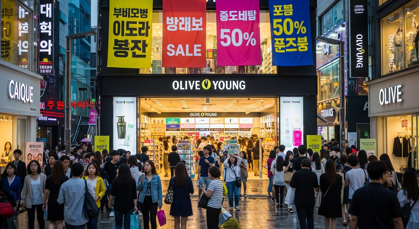 활기찬 한국의 쇼핑 거리에서 많은 사람들이 올리브영 매장에서 화장품을 구경하는 모습