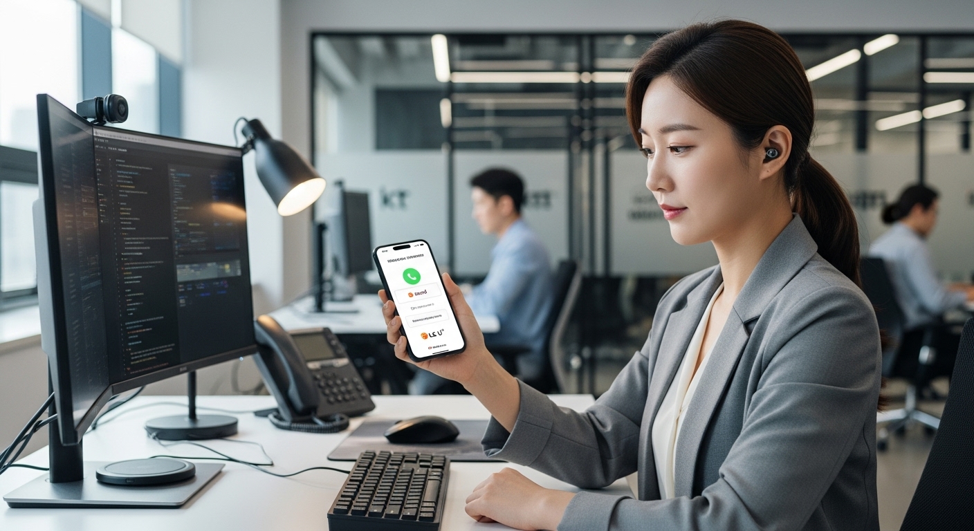 기술 중심의 작업 공간에서 스마트폰으로 공식 부가 서비스를 사용하는 젊은 직장인