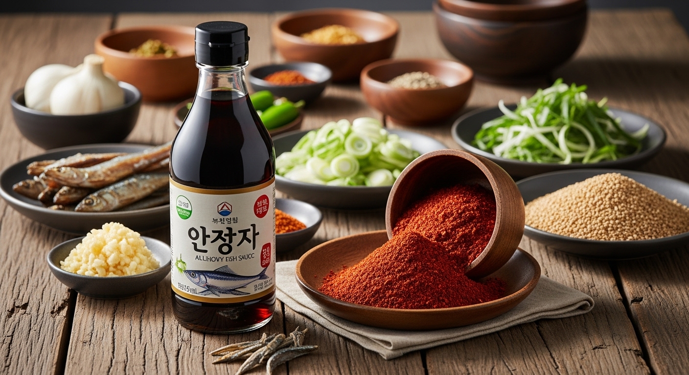 멸치액젓과 고춧가루 등 전통적인 한국식 양념 재료들