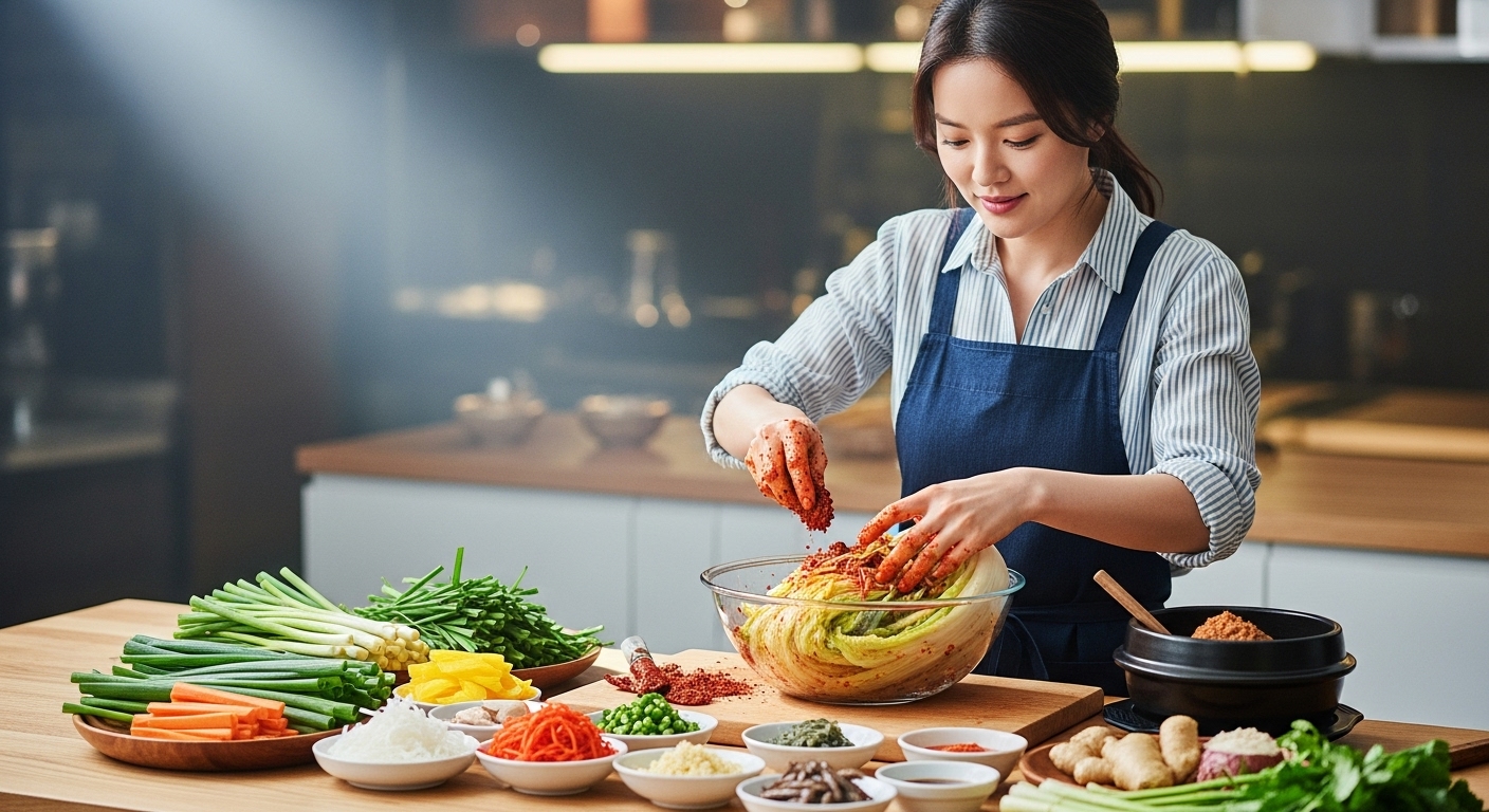 주방에서 신선한 재료로 김치를 준비하는 모습