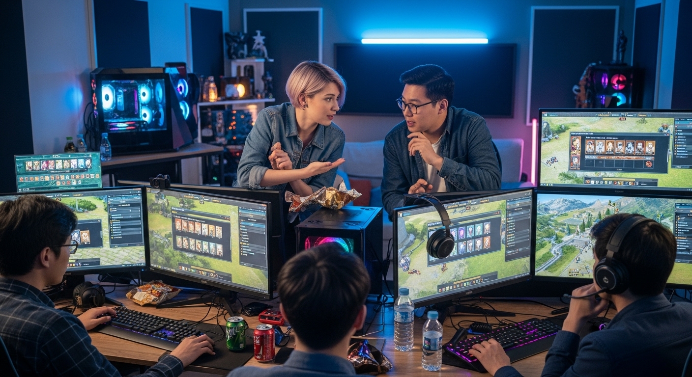 편안한 게임방에서 다양한 한국인 게이머들이 인기 있는 MMORPG 게임의 클래스 옵션을 토론하는 모습
