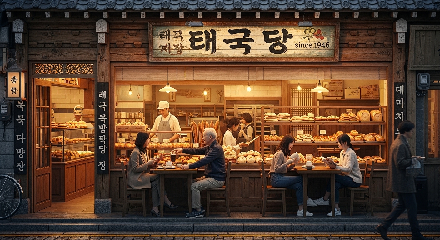전통 간판을 가진 역사적인 베이커리 외관과 안에서 빵을 즐기는 사람들
