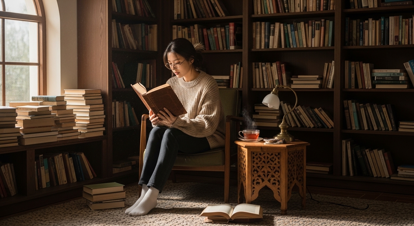 조용한 도서관에서 고전 소설을 읽고 있는 젊은 학생의 모습