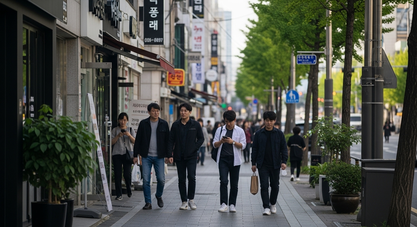 서울 도심 속 일상적인 거리 풍경에서 여유롭게 걷는 사람들