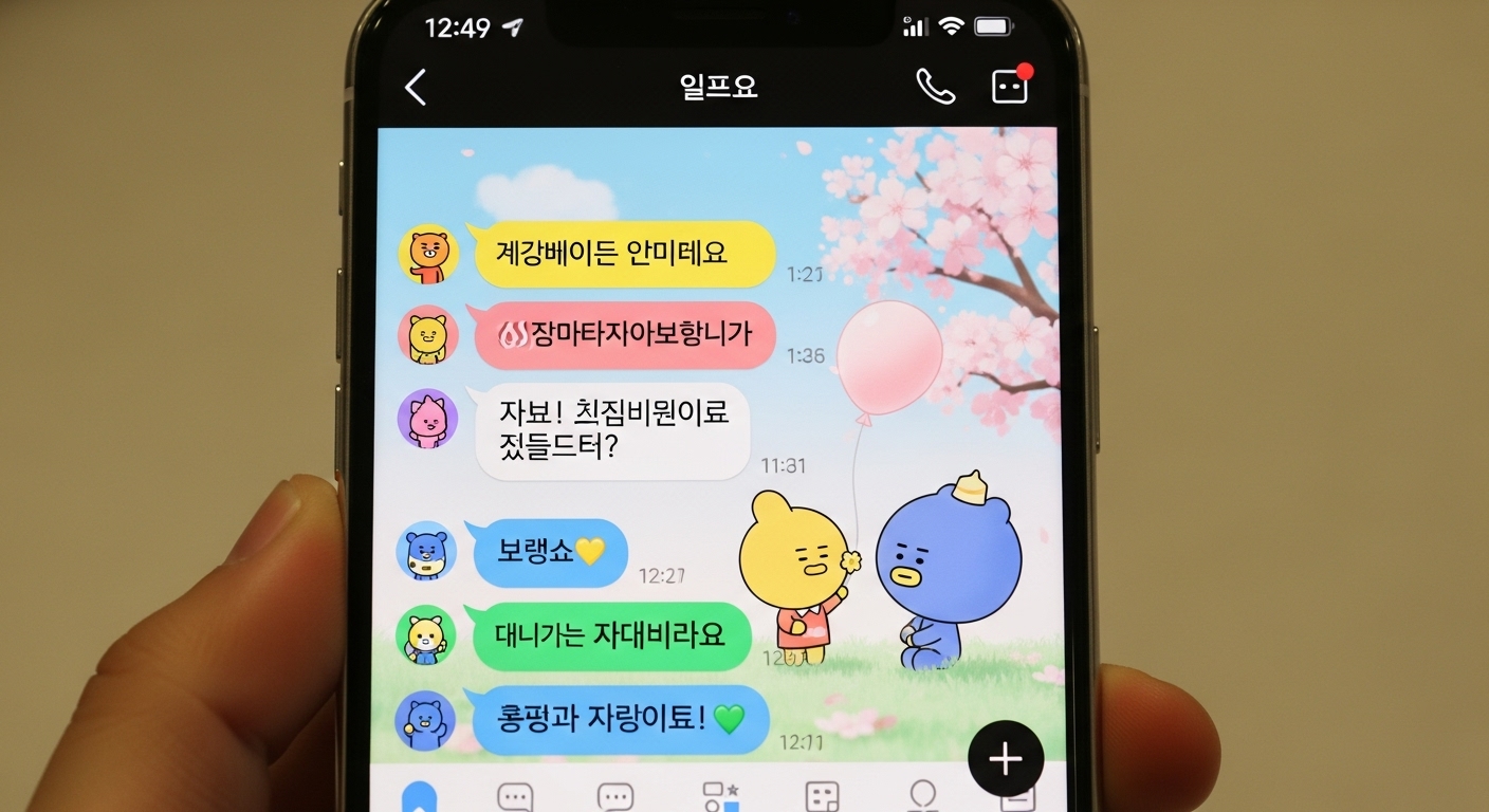 생기 넘치는 카카오톡 테마로 꾸며진 현대적인 스마트폰 화면