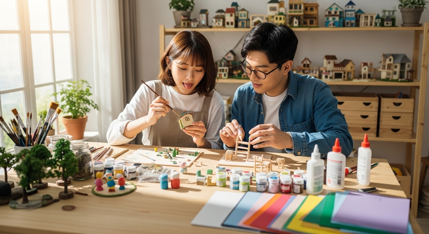 다양한 재료가 놓인 작업대에서 함께 미니어처를 만드는 젊은 커플
